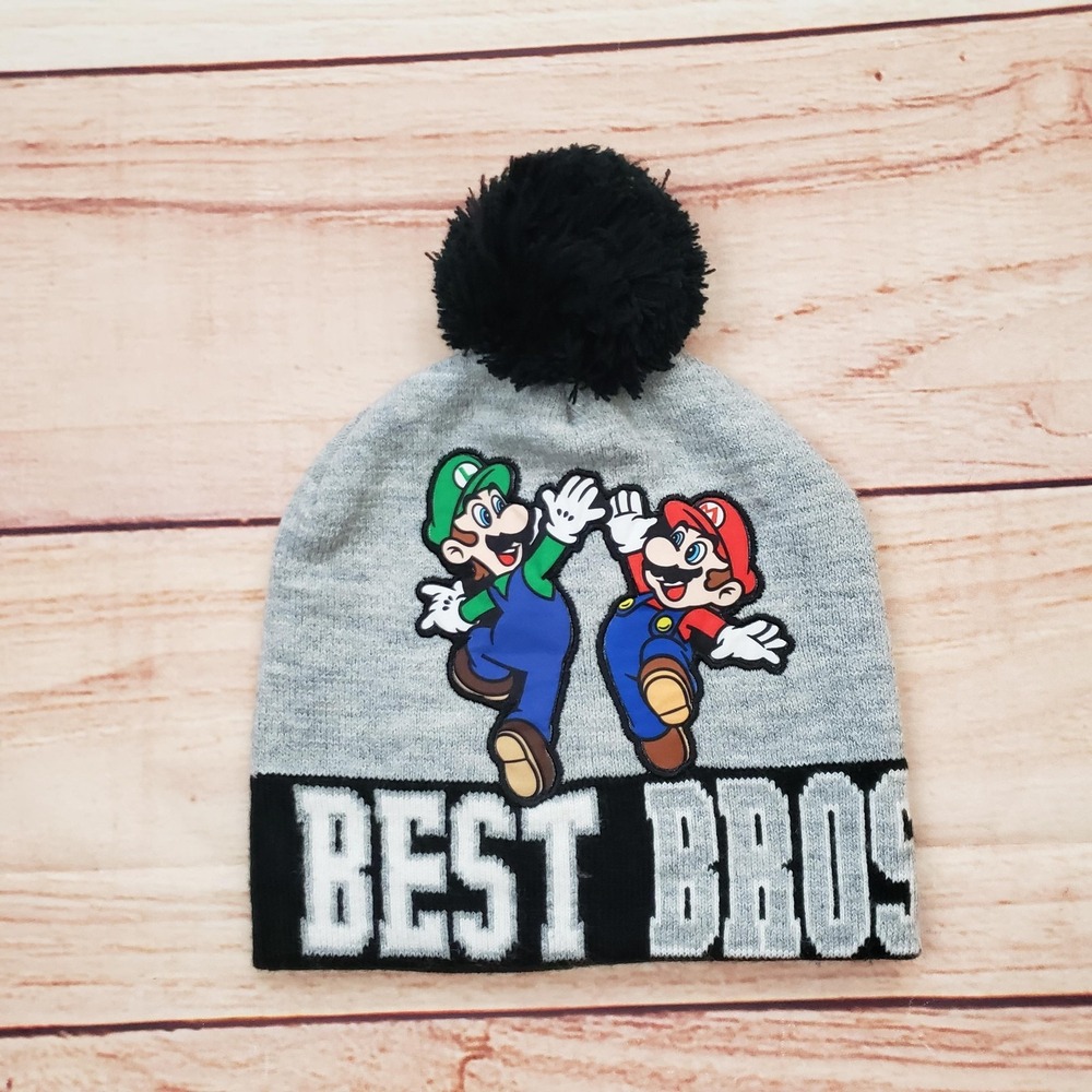Super Mario Hat Beanie Knit One Size Mens‎ Gray Best Bros Pom Luigi Mario Adult